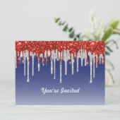 Trendy rood wit en blauw glitter druppels verjaard kaart (Staand voorkant)