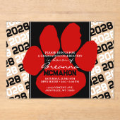 Trendy rood & zwart Afstuderen Pawprint Clear Acryl Uitnodigingen (Voorkant)