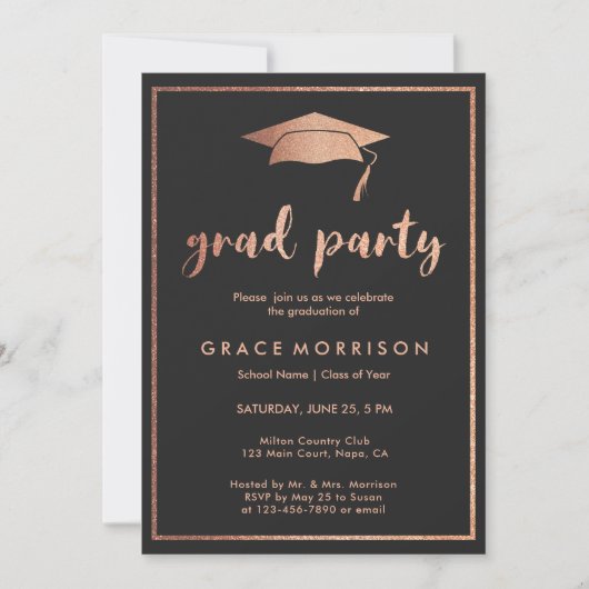 Trendy Roos Gold Black Graduparty Invitation Kaart (Voorkant)