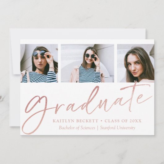 Trendy Roos Gold Foil Script 3 Foto Afstuderen Aankondiging (Voorkant)