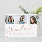 Trendy Roos Gold Foil Script 3 Foto Afstuderen Aankondiging (Staand voorkant)