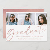 Trendy Roos Gold Foil Script 3 Foto Afstuderen Aankondiging (Voorkant / Achterkant)