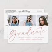 Trendy Roos Gold Foil Script 3 Foto Afstuderen Aankondigingskaart (Voorkant / Achterkant)