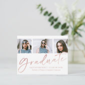 Trendy Roos Gold Foil Script 3 Foto Afstuderen Aankondigingskaart (Staand voorkant)