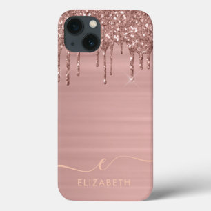 Trendy Roos Gold Glitter Drip Aangepaste naam iPhone 13 Hoesje