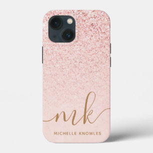Trendy Roos Gold Glitter Fancy Initialen en naam iPhone 13 Mini Hoesje