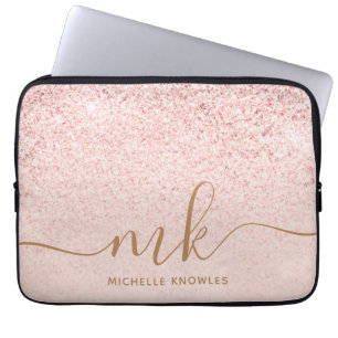 Trendy Roos Gold Glitter Fancy Initialen en naam Laptop Sleeve