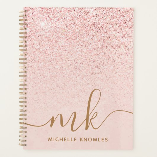 Trendy Roos Gold Glitter Fancy Initialen en naam Planner (Voorkant)