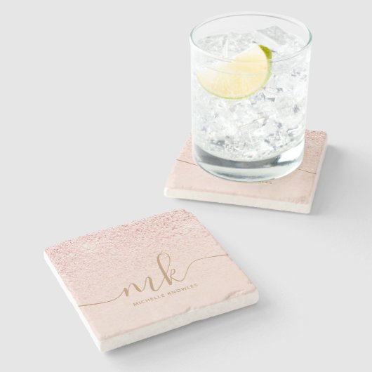 Trendy Roos Gold Glitter Fancy Initialen en naam Stenen Onderzetter (Zijkant)