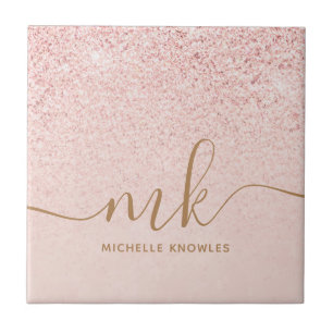 Trendy Roos Gold Glitter Fancy Initialen en naam Tegeltje