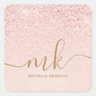 Trendy Roos Gold Glitter Fancy Initialen en naam Vierkante Sticker