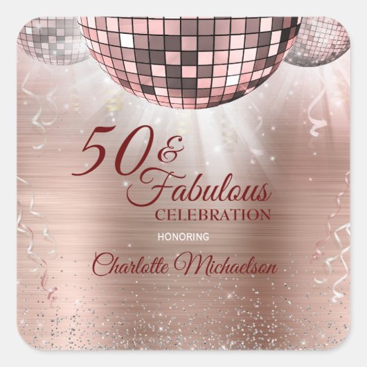 Trendy Roos Gold Glitter Glam 50 & Fabulous Disco Vierkante Sticker (Voorkant)