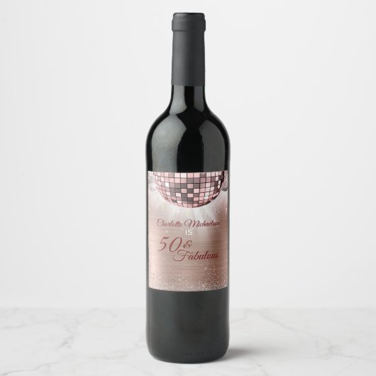 Trendy Roos Gold Glitter Glam 50 & Fabulous Disco Wijn Etiket (Voorkant)