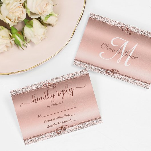 Trendy Roos Gold Glitter Wedding RSVP Kaartje