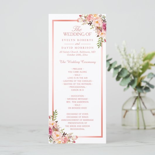 Trendy Roos Gold Lijst Floral Wedding Programme Programma (Staand voorkant)