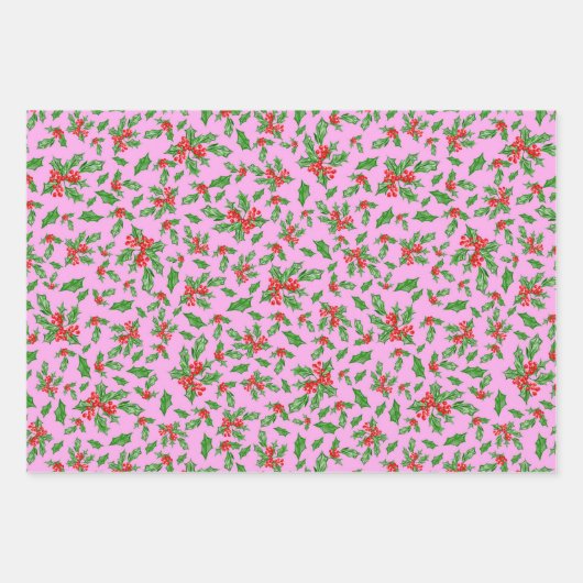 Trendy roze en blauwe kerst Holly Patroon Inpakpapier Vel (Voorkant 3)
