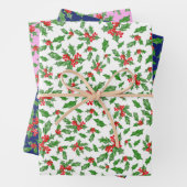 Trendy roze en blauwe kerst Holly Patroon Inpakpapier Vel (In situ)