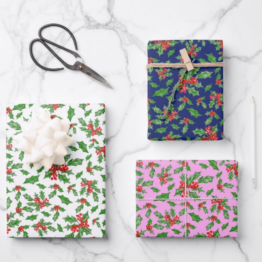 Trendy roze en blauwe kerst Holly Patroon Inpakpapier Vel (Voorkant)