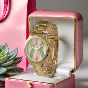 Trendy roze en groen goud Argyle Monogram Horloge