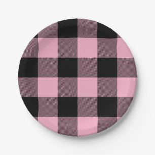 Trendy roze en zwarte Buffalo ruit Papieren Bordje