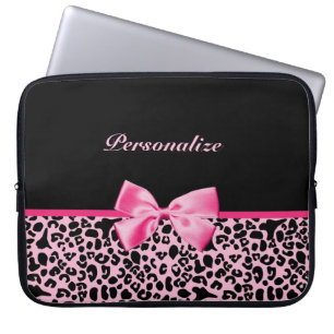 Trendy roze en zwarte luipaard warm roze lint laptop sleeve