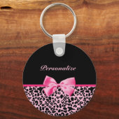 Trendy roze en zwarte luipaard warm roze lint sleutelhanger (Voorkant)