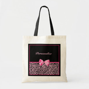 Trendy roze en zwarte luipaard warm roze lint tote bag