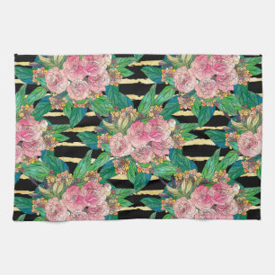 Trendy Roze Floral Paint Gold Stripes Black Design Theedoek