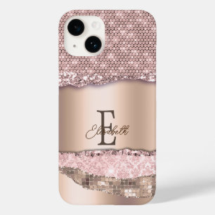 Trendy Roze Goud Diamanten Glitter Monogram Case-Mate iPhone 14 Hoesje
