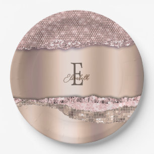 Trendy Roze Goud Diamanten Glitter Monogram Papieren Bordje