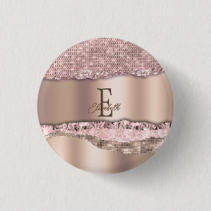 Trendy Roze Goud Diamanten Glitter Monogram Ronde Button 3,2 Cm