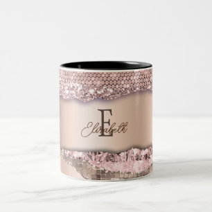 Trendy Roze Goud Diamanten Glitter Monogram Tweekleurige Koffiemok