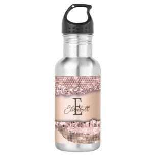 Trendy Roze Goud Diamanten Glitter Monogram Waterfles