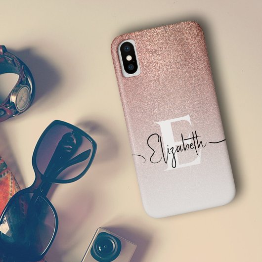 Trendy Roze Goud Glitter Monogram Script Naam Case-Mate iPhone Case