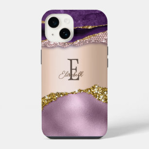 Trendy Roze Goud Paarse Glitters Monogram iPhone 14 Hoesje