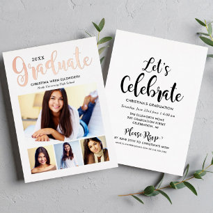 Trendy Roze Gouden Afstudeer Kader Multi Foto Fees Folie Uitnodiging