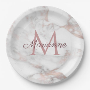 Trendy Roze Gouden Marmer Design Monogram Template Papieren Bordje