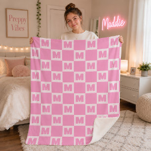 Trendy Roze Monogram Geruite Initiaal  Sherpa Deken