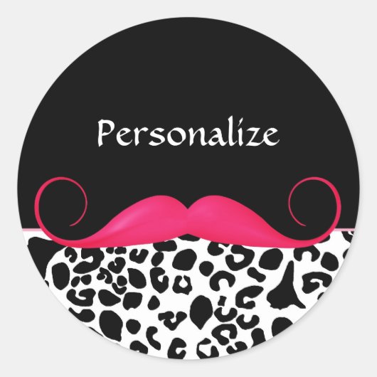 Trendy Roze Mustache Girly Leopard Print met naam Ronde Sticker (Voorkant)