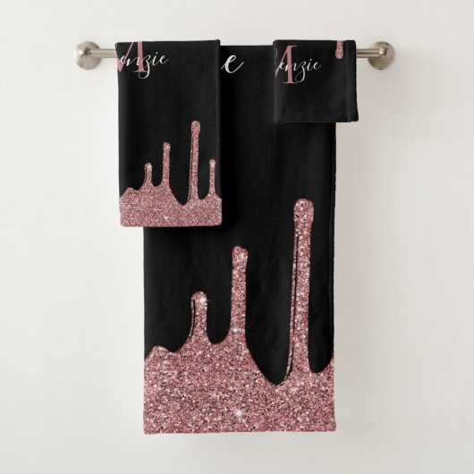 Trendy Roze Rose Gouden Glitter Sparkle Drips Zwar Bad Handdoek (Insitu)