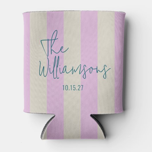 Trendy Roze Witte Strepen Custom Script Wedding Blikjeskoeler (Voorkant)