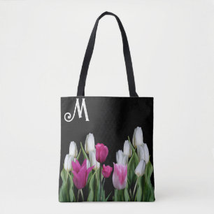 Trendy roze witte tulpen bloemengroen zwart girly draagtas