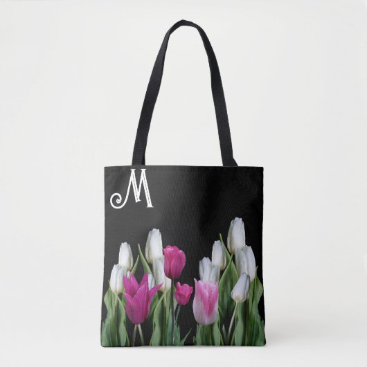 Trendy roze witte tulpen bloemengroen zwart girly draagtas (Voorkant)