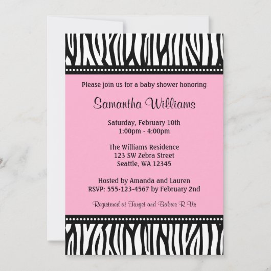 Trendy Roze Zebra Baby Shower Invitations Kaart (Voorkant)