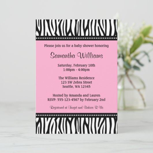 Trendy Roze Zebra Baby Shower Invitations Kaart (Staand voorkant)