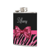 Trendy roze zebra print FAUX Glitz Bow met naam Heupfles (Links)