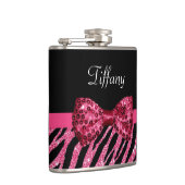 Trendy roze zebra print FAUX Glitz Bow met naam Heupfles (Rechts)