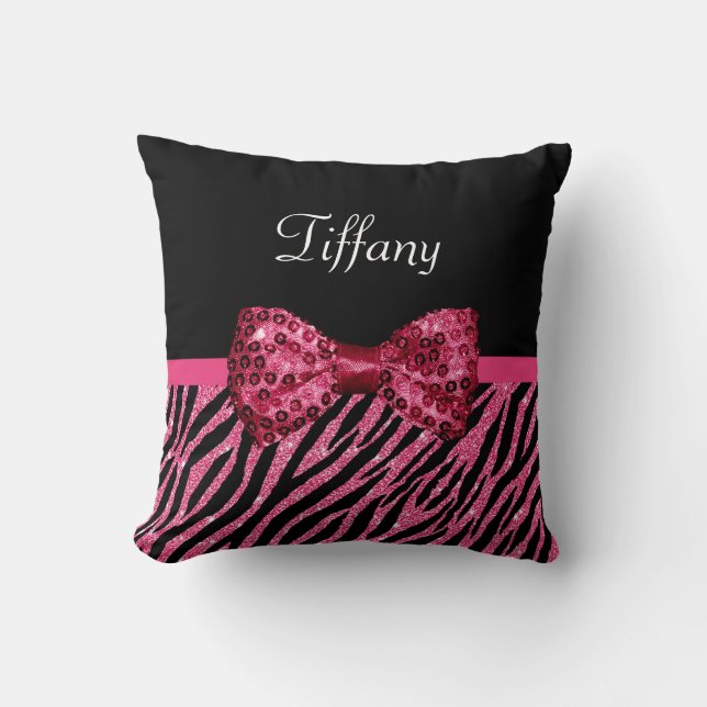 Trendy roze zebra print FAUX Glitz Bow met naam Kussen (Voorkant)