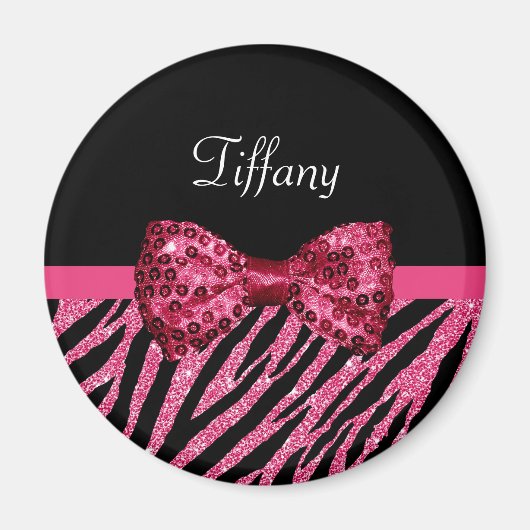 Trendy roze zebra print FAUX Glitz Bow met naam Magneet (Voorkant)
