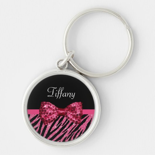 Trendy roze zebra print FAUX Glitz Bow met naam Sleutelhanger (Voorkant)